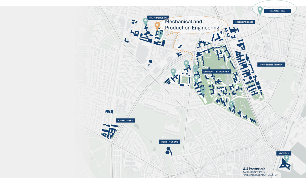 Map of the university campus showing all AU member locations is green and the department of mechanical and production engineering with an orange location marker with a curved dotted line representing the walk there.