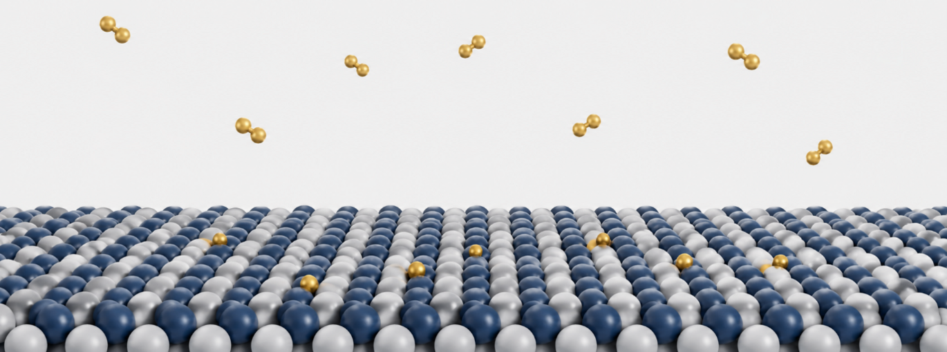 Hydrogen molecules above an ordered atomic surface, illustrating hydrogen interaction with materials used for energy storage and conversion.