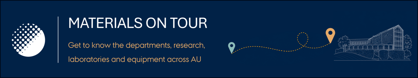 Dark blue announcement for visiting different aarhus university departments with the event Materials on tour. At the sides the logo is shown and two location markers connected with a dotted line to a schematic of a university building. 