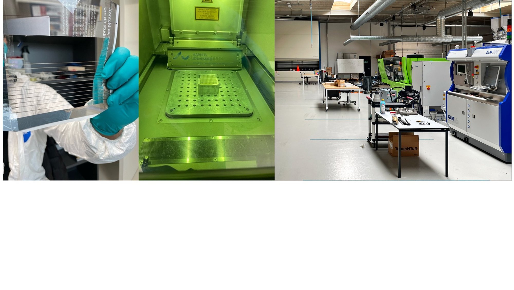 Laboratory setup showing Laser Powder Bed Fusion (LPBF) process and equipment for fabricating fibre reinforced metal composites at Aarhus University.