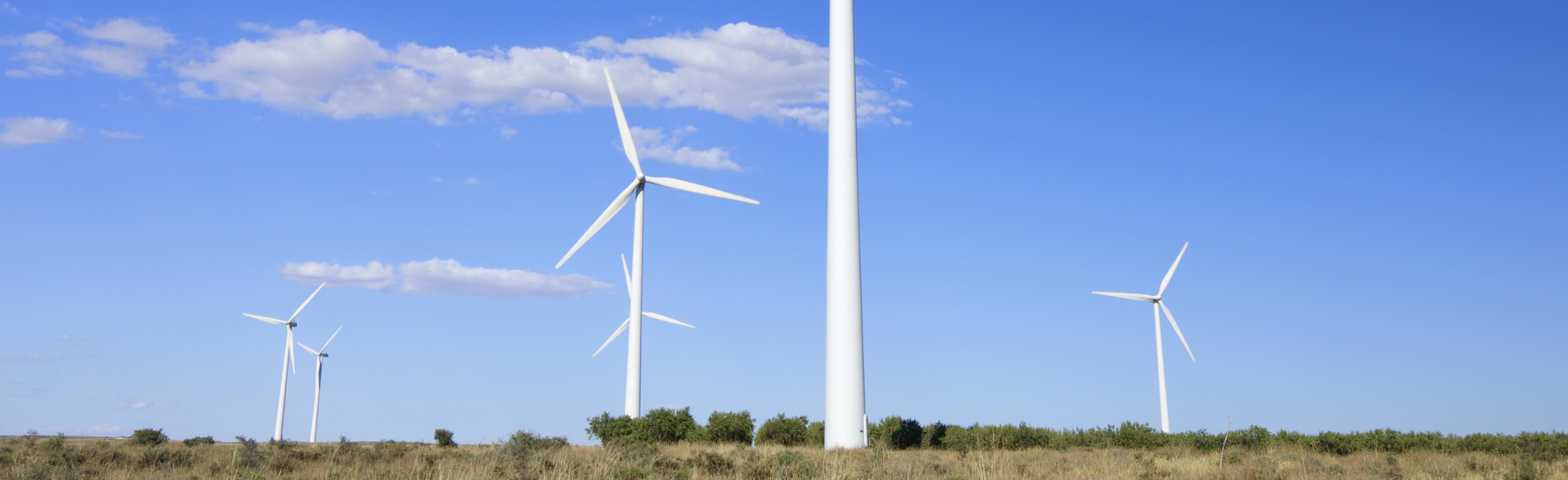 Picture showing windmills before a blue sky introducing a topic of material research and how it helps solving the current demands of sustainability..