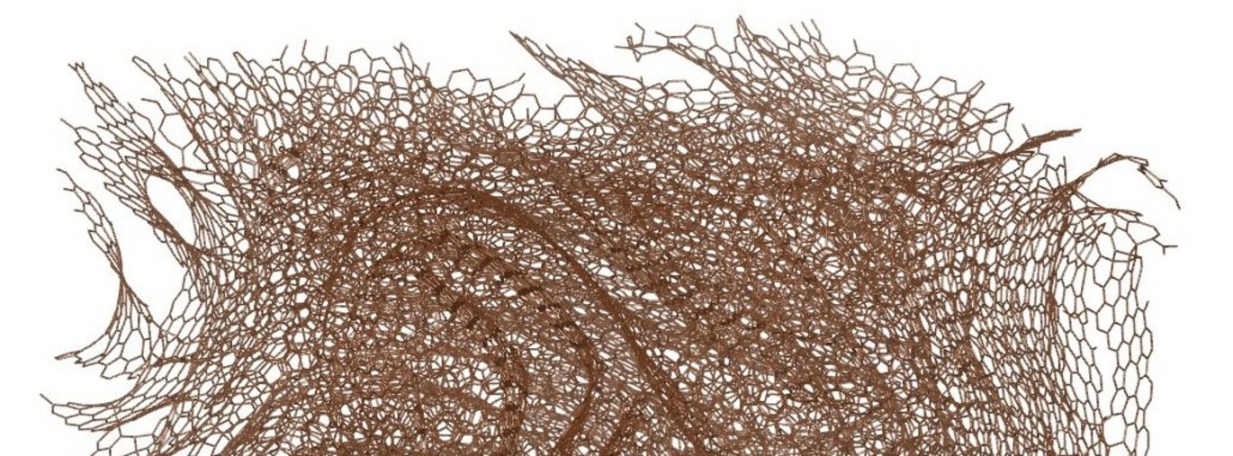 Disordered carbon model showing graphene like structure, interconnections and bend sheets.