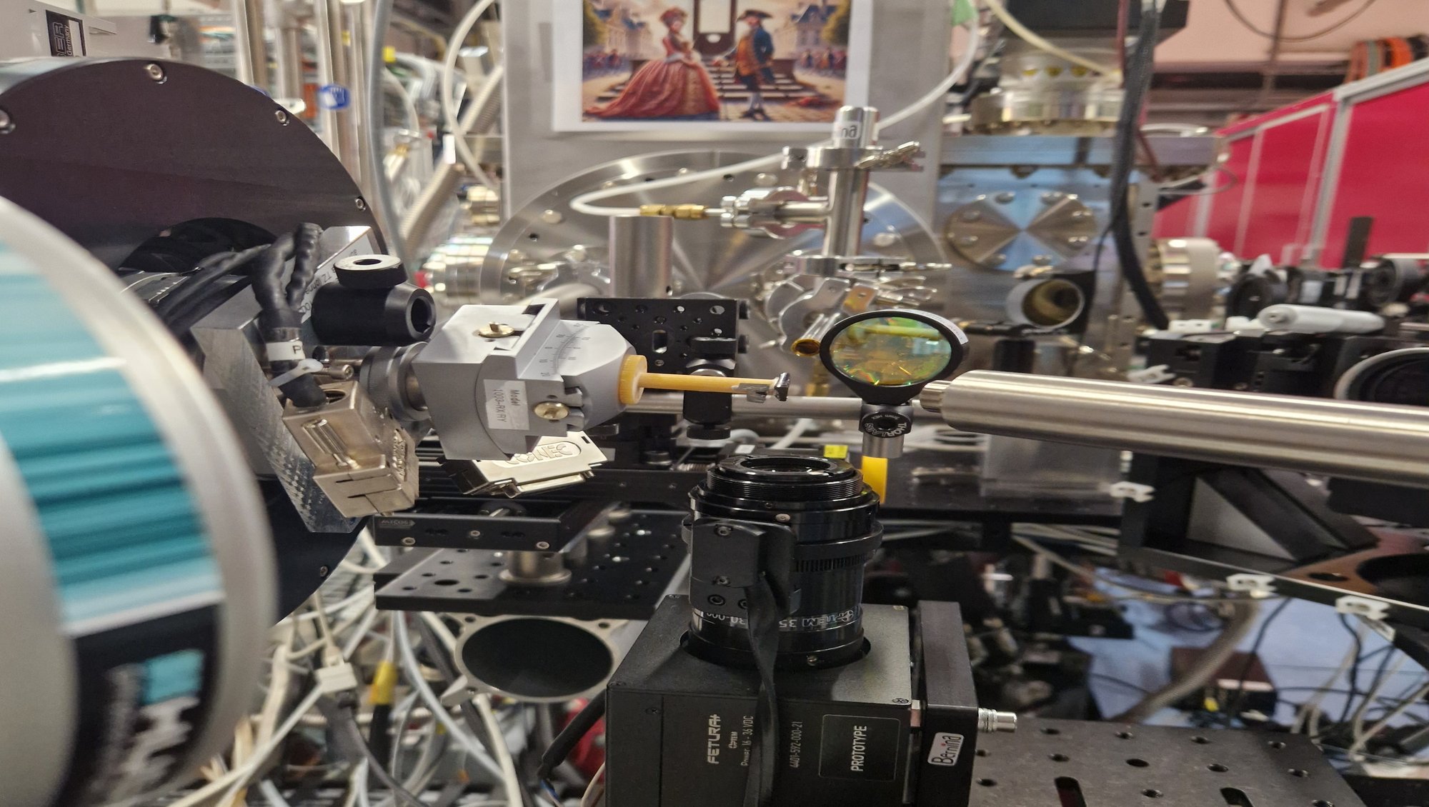 Photograph of a femtosecond X-ray diffraction instrument with optical components, detectors, and sample holders used to study atomic motion in quantum materials.